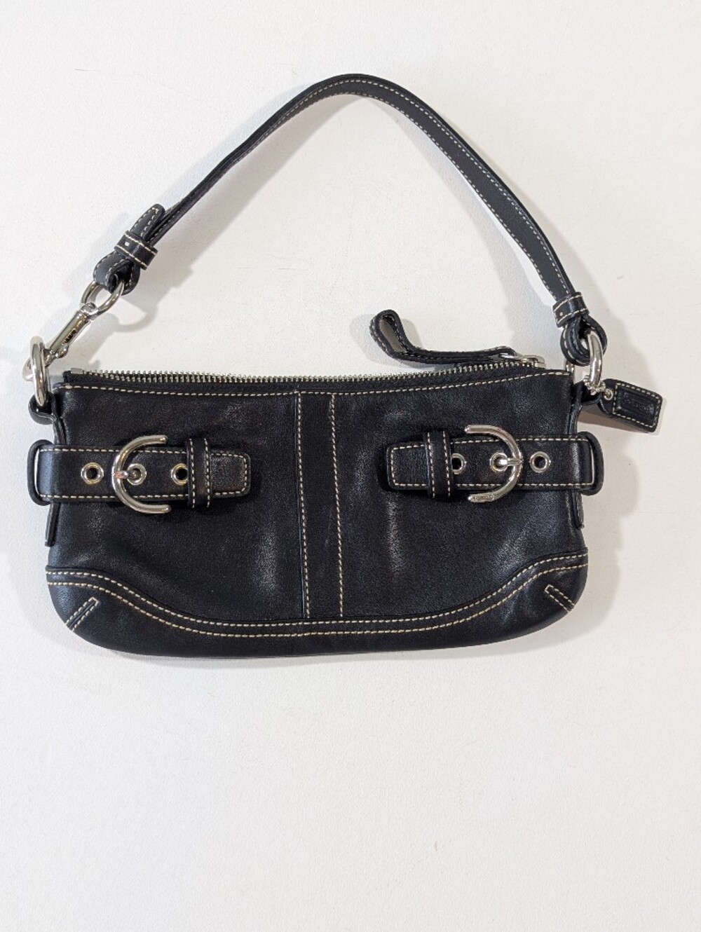Y2K Coach 3551 Black Leather Mini Shoulder Bag with White Contrast Stitching